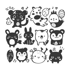 Whimsical Doodle Animals: Hand-Drawn Cartoon Characters, Playful Black and White Illustration