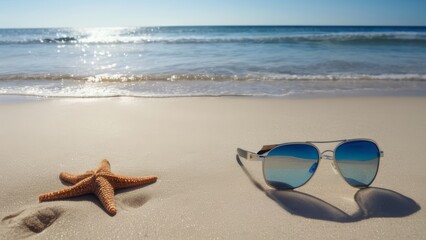 Starfish rocking sunglasses on a vibrant beach background
