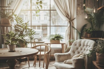Cozy Afternoon in a Stylish Cafe: Warm Lighting, Comfortable Seating, and Natural Indoor Plant Decor