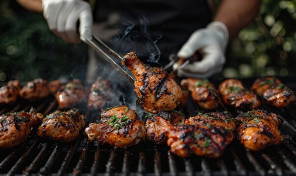 team of cooks grilling jerk chicken drumsticks