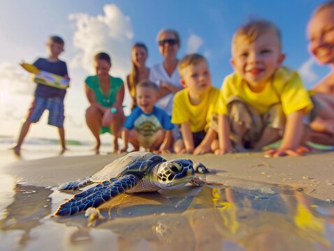 Multi-Generation Family Watching a Young Sea Turtle on a Sunny Beach at Sunset, Portraying Joy and Curiosity