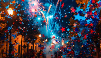 Nighttime street party with blue and red star confetti and fireworks, vibrant HD capture,