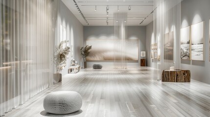 Modern Art Gallery in Serene Neutral Tones with Reeded Glass Displays and Minimalist Decor,...