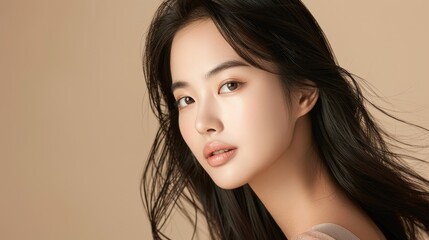 Fototapeta premium Young Asian beauty woman with long hair, flawless skin, and Korean makeup style, posed against an isolated beige background, ideal for cosmetology and facial treatment themes