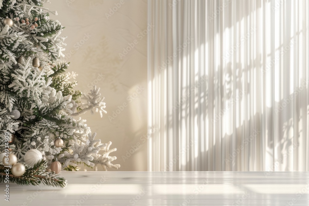 Poster photorealistic render of minimalist christmas setting with festive tree and sunlit striped backgroun