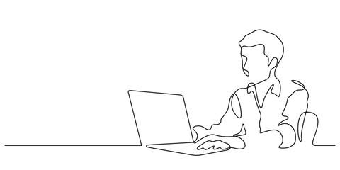 young man using laptop computer one line continuous