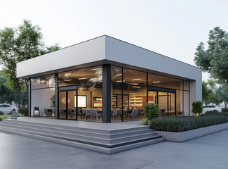 Modern cafe building with large glass windows, evening lighting, surrounded by greenery. Represents modern architecture.  Generative AI