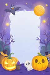 Spooky halloween poster background template with pumpkins. Jack o' lanterns, bats, full moon, ghost for festive party invitation or event celebration in autumn. Backdrop with paper and text space