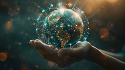 Abstract palm hands with global network connections, innovative technologies in the field of science and communication, Hand holding flying earth network global connection concept