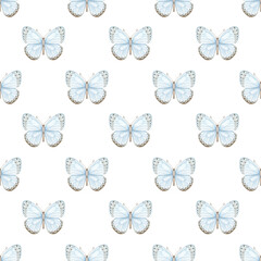 Seamless pattern with blue butterfly. Watercolor hand painted background.
