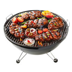 A charcoal grill with delicious grilled meat, vegetables, onions, and peppers. Perfect for a summer BBQ or outdoor cooking session. Isolated on transparent background