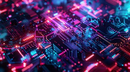 Obraz premium Futuristic motherboard with neon glowing chips