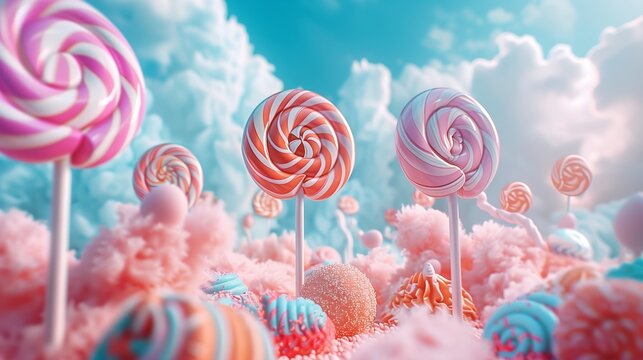 Colorful lollipops and candy landscape in a whimsical, dreamy style on a fluffy, cloud-like background. Concept of fantasy or candyland. Generative Ai - Powered by Adobe