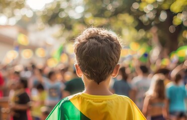 Fototapeta premium Patriotic Child in Brazilian Flag: Celebrating National Pride at a Public Gathering