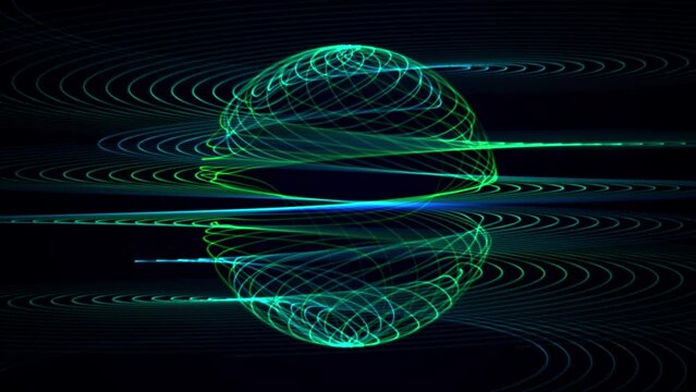 Abstract ethereal sphere made of blue and green energy strings in a shape of circular waves. Atom or molecule magnetic field background for science, technology and vj music performance. Loop 4k 60fps