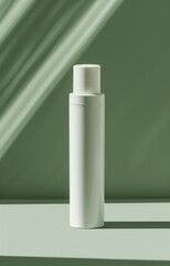 White cosmetic bottle on green background, minimalist design, light and shadow play, beauty product presentation,  Generative AI