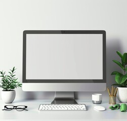 Fototapeta premium Modern desktop computer monitor with empty screen and keyboard on white desk