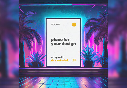 Single page frame poster Mockup neon vaporwave synthwave 03 Generative Ai