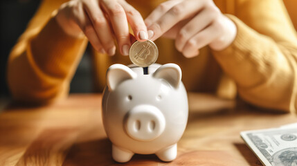 A person depositing a Bitcoin coin into a white piggy bank on a wooden table. The scene is set in a warm, indoor environment. Concept of saving cryptocurrency.  Generative AI