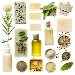 A collection of natural skincare products including soaps, oils, herbs, and powders arranged Isolated on transparent background