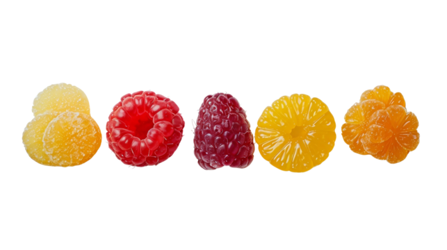 A colorful assortment of candies shaped like berries and citrus fruits, offering a vibrant and sweet treat for any occasion. isolated on transparent background