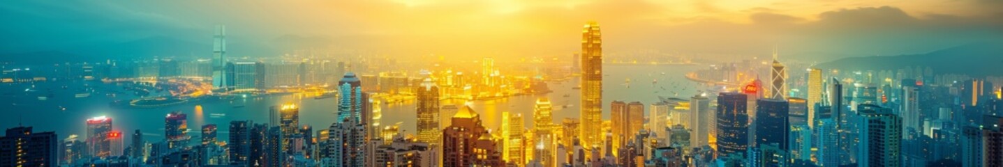 Fototapeta premium Vibrant Night Cityscape: Panoramic View of Illuminated Skyscrapers and Busy Urban Streets Expressing Dynamic Exploration Energy