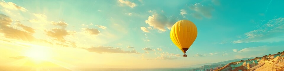 Fototapeta premium Sunrise Adventure: Colorful Hot Air Balloon Flight Over Desert Landscape Embodying Freedom