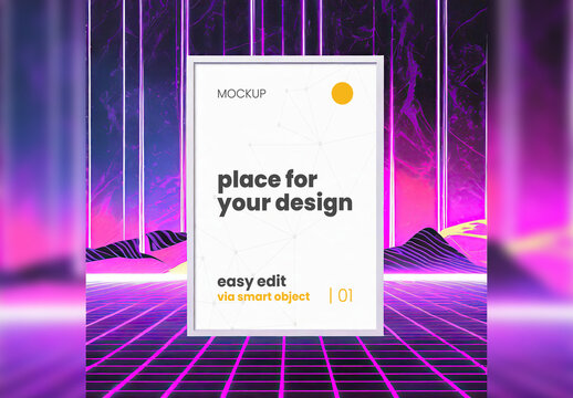 Single page frame poster Mockup neon vaporwave synthwave 07 Generative Ai