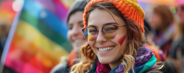 Fototapeta premium A smiling woman with painted cheeks and glasses looks toward the camera