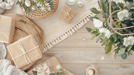 Christmas boho decorations. Beautiful christmas tree and boho decor background. New Year composition. Holiday card copy space