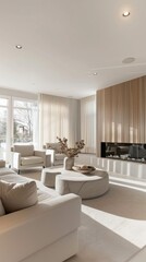 Elegant Minimalist Living Room with Reeded Glass Wall and Modern Decor Bathed in Sunlight, Emphasizing Warmth and Sophistication