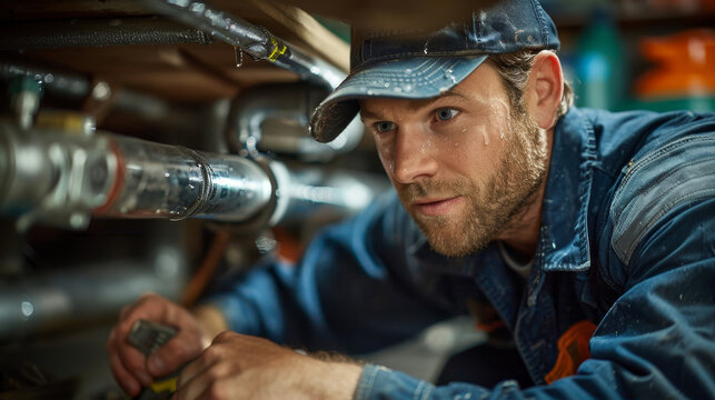 Focused plumber in blue uniform working on pipes under a sink in a kitchen setting, utilizing tools and ensuring proper maintenance.