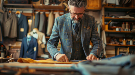 Tailor crafting custom suit in workshop, surrounded by fabrics and tools, showcasing traditional craftsmanship and attention to detail.