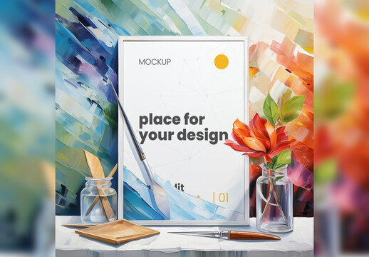 Spatula Painted Poster Frame Mockup Illustrated Generative Ai