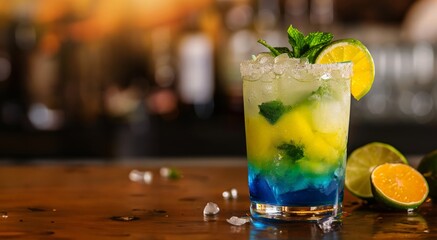 Fototapeta premium Refreshing Brazilian FlagThemed Cocktail with Lime and Mint Garnish for Summer Celebrations and Party Decor