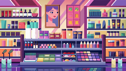 Vibrant Cosmetics Store Interior with Colorful Makeup Products