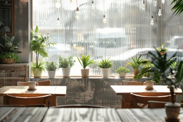 Warm, Sunny Morning in a Cozy Cafe with Reeded Glass Windows, Wooden Tables, and Vibrant Indoor Plants