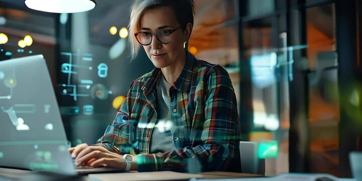 Female system administrator working on laptop performing various tasks to fix software bugs and glitches in IT company, holographic icons popping up in the air show innovation.