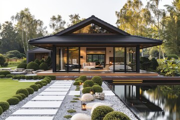 Fototapeta premium A traditional Japanese tea house in a serene garden