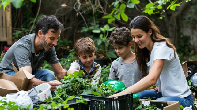 Multiethnic Family Recycling Together in Backyard Demonstrates Eco-Friendly Living and Bonding During Daytime