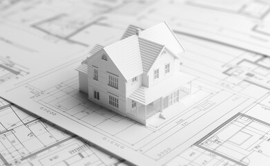 A white architectural model of a modern house on a blueprint.