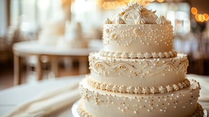 Focused image of a wedding cake with intricate decorations