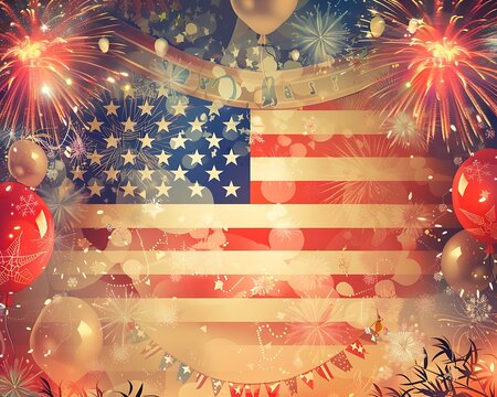 The American flag with a backdrop of stunning fireworks and festive balloons, featuring a large banner for holiday messages.