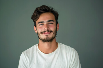 A close up portrait of a young man with a subtle smile