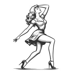 Fototapeta premium woman in a vintage dress striking a graceful pose, capturing classic elegance and charm sketch engraving generative ai fictional vector illustration. Scratch board imitation. Black and white image.