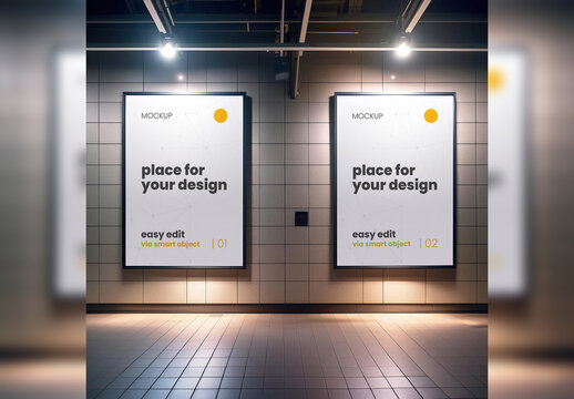 Two Poster Gallery Frame Mockup Spot Light Generative Ai