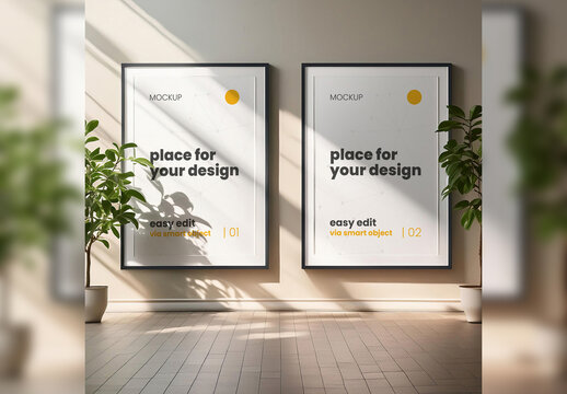 Two Poster Gallery Frame Mockup with Plants Generative Ai