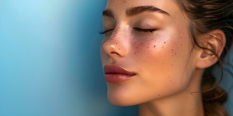 Woman's Profile Closeup with Eyes Closed Against Blue Wall. Concept Portrait Photography, Close-up Shot, Blue Background, Serene Expression, Female Model