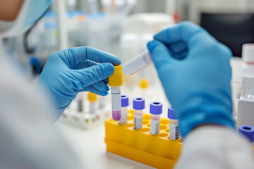 Close up of sample handling with gloves in the laboratory