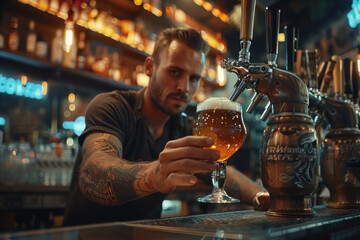 Waiter placing a beer behind the bar of a bar